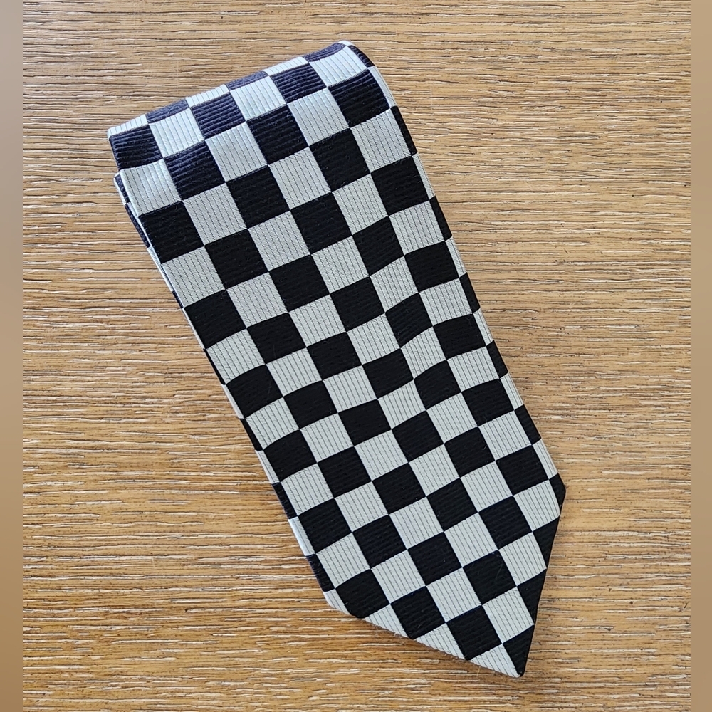 Tom James Black Silver Checked Print 100% Silk Tie